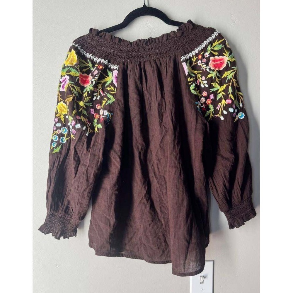 Sundance Amora Blooms Embroidered Peasant Blouse S Floral Boho Smocked Cotton - Picture 3 of 8